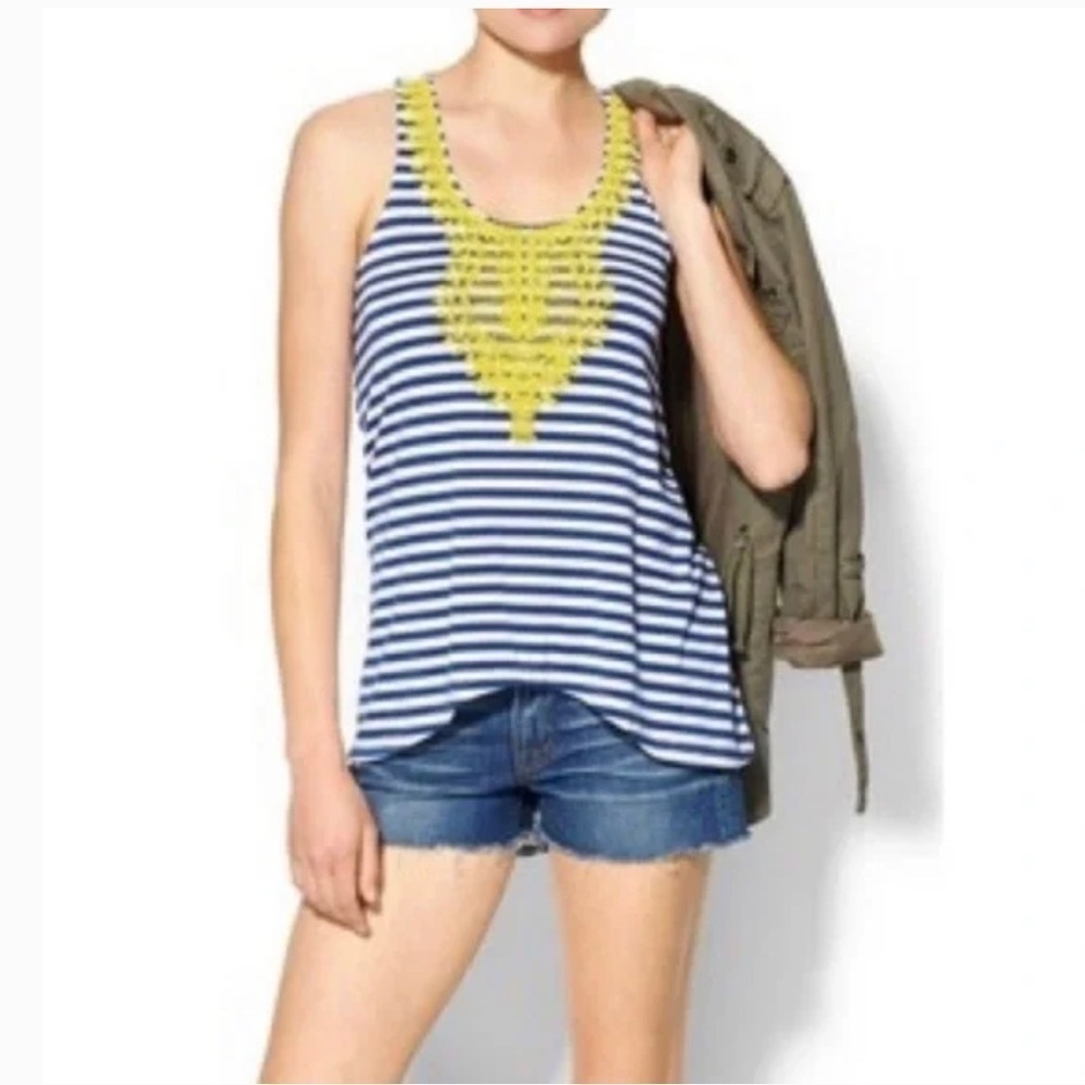 THML tank top yellow embroidered design blue and white striped size small summer